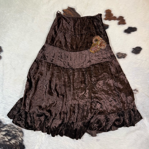 Dresses & Skirts - Vintage Y2K Bebe Brown Velvet Tiered Skirt | Fairycore Boho Mini